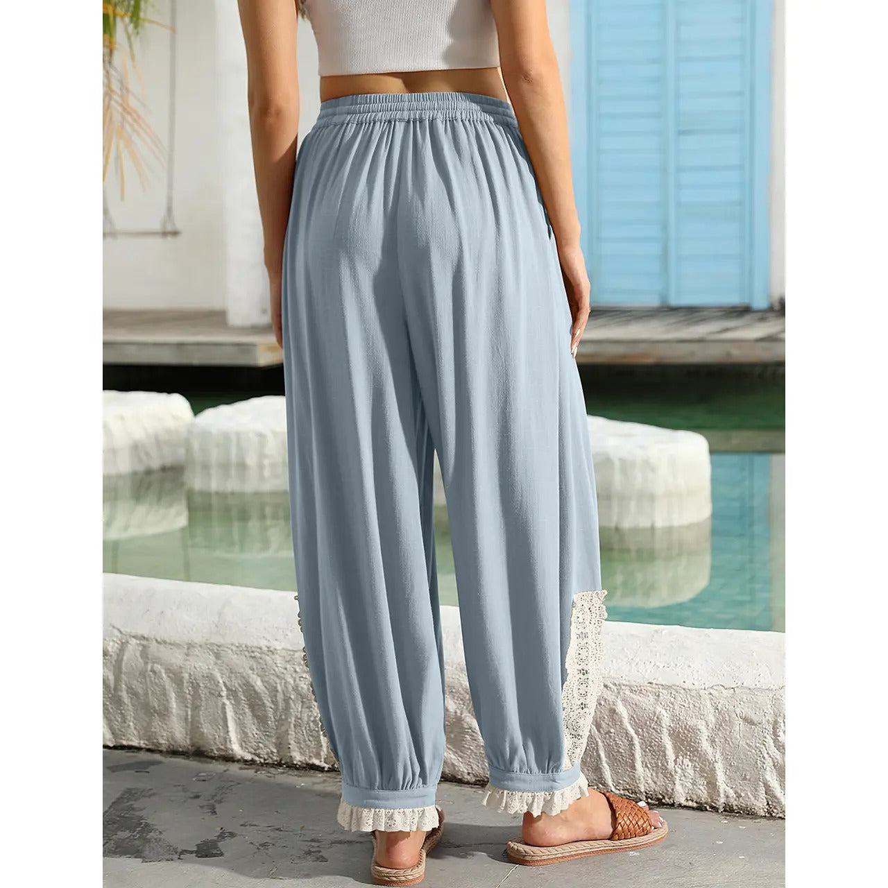 Women’s Boho Lace Trim Linen Harem Pants