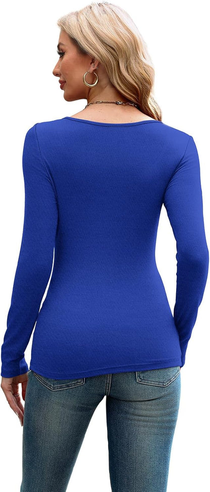 ✨Womens Cutout Long Sleeve Shirts Ribbed Slim Fit Tops