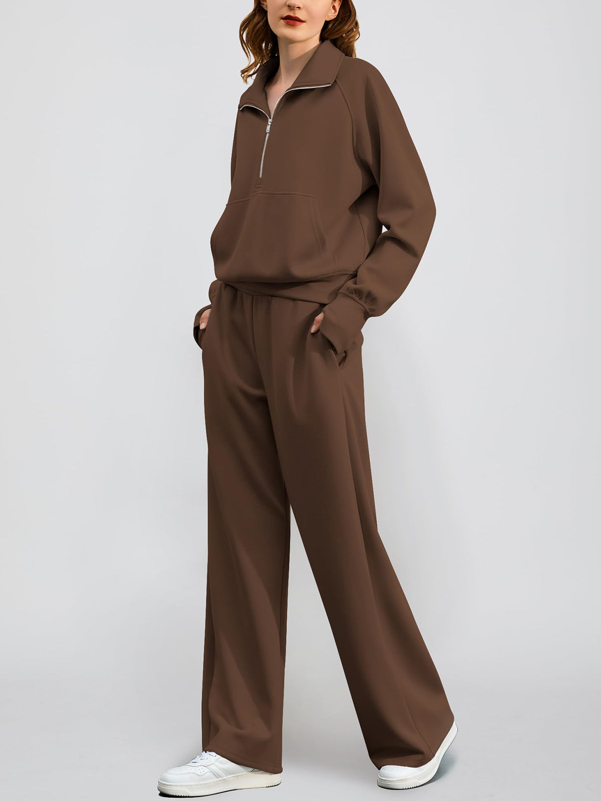 Women's Oversized Half Zip Wide Leg 2 Piece Outfits Lounge Set