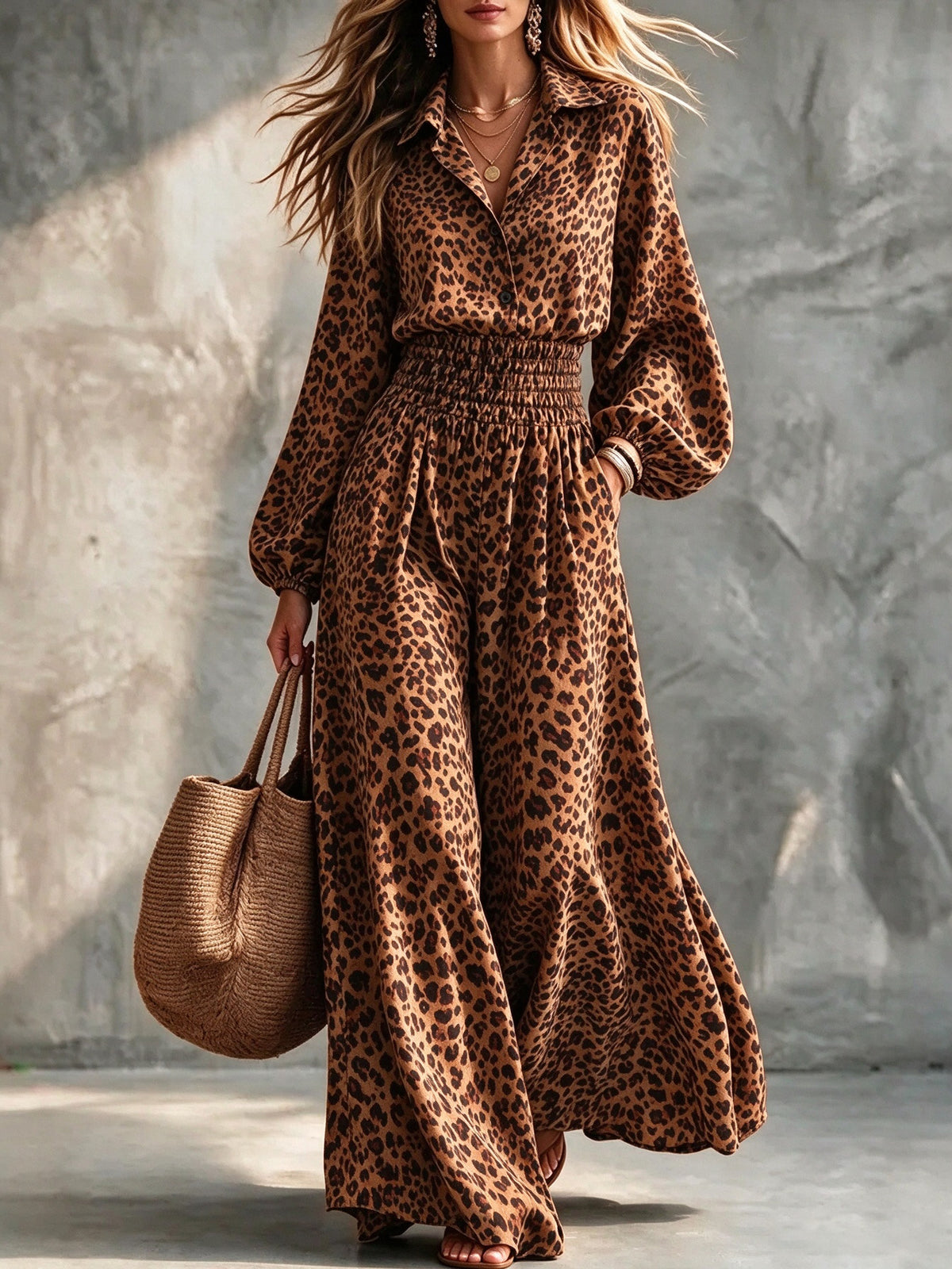 Vintage Leopard Print One-Piece Outfit With Pockets