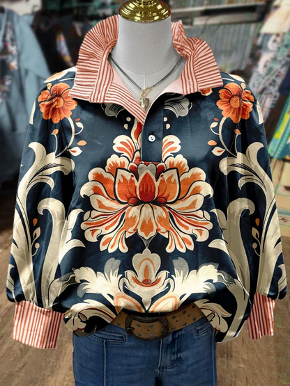 ✨Vintage Floral Print Striped Collar Top