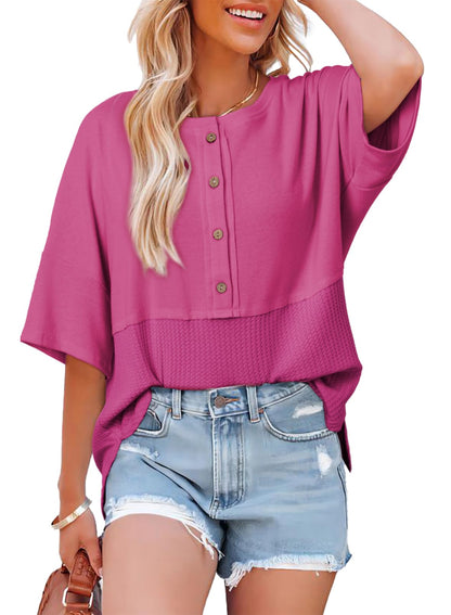 ✨Women's 3/4 Sleeve Casual Button Down Waffle Knit Tops