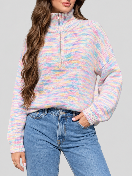 Hot Sale-Women's Oversized Rainbow Marled Half Zip Knit Sweater