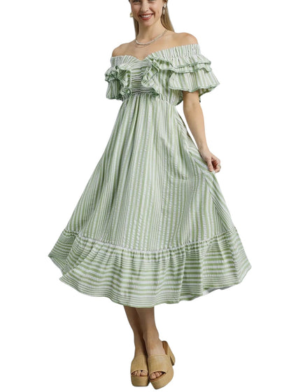 Women's Elegant V-neck Striped Ruffle Detail Midi Dress