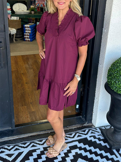 💃Women's V-Neck Puff Sleeve Henley Dress(Buy 2 Free Shipping)