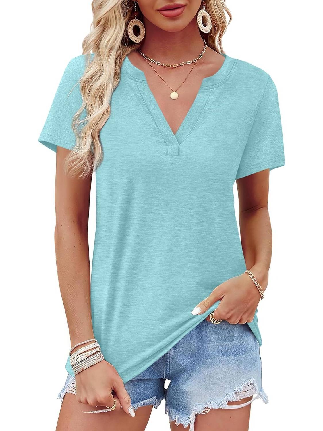 ✨Womens Short Sleeve V Neck Casual Loose Fit T-shirts