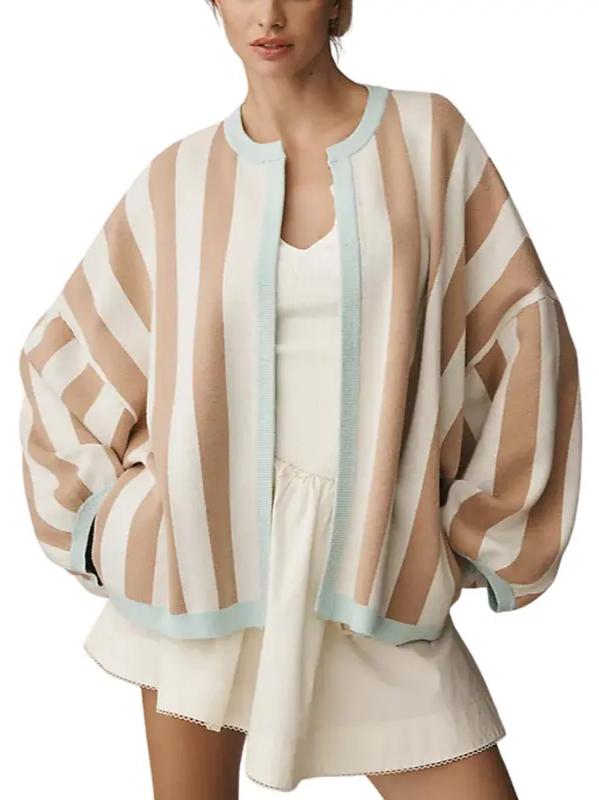 Women Striped Knit Cardigan Oversized Open Front Balloon Long Sleeve Sweater