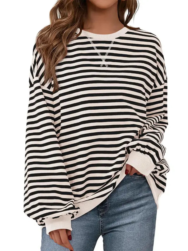 Limited time sale🔥Womens Striped Oversized Sweatshirt Color Block Long Sleeve Top