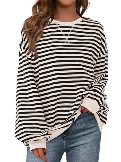 Limited time sale🔥Womens Striped Oversized Sweatshirt Color Block Long Sleeve Top
