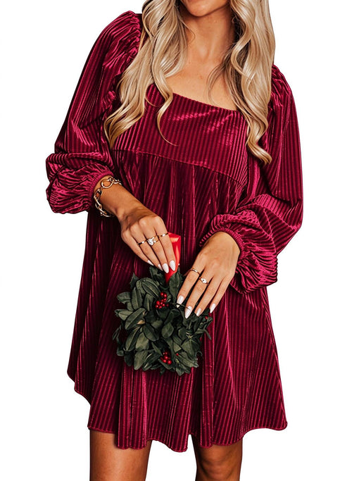 ⏰Hot Sale- Women's Tie Back Square Neck Velvet Babydoll Dress with Pockets