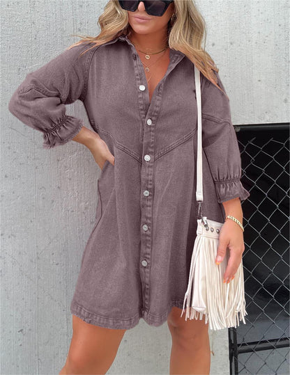 ⏰Hot Sale-Washed Denim Puff Sleeve Dress