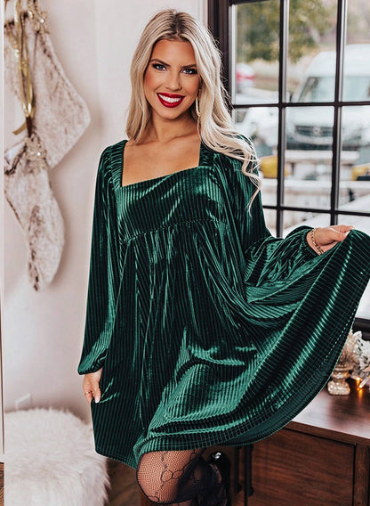 ⏰Hot Sale- Women's Tie Back Square Neck Velvet Babydoll Dress with Pockets