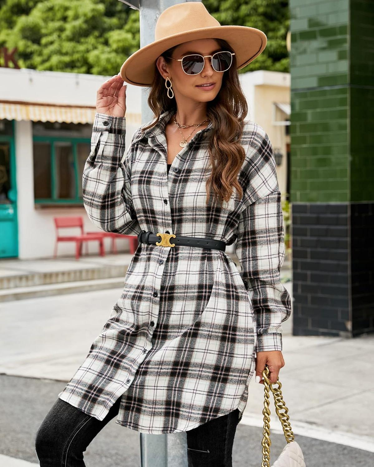Limited time sale 🔥Women's Flannel Shirts Plaid Shacket Collared Long Jacket Coats