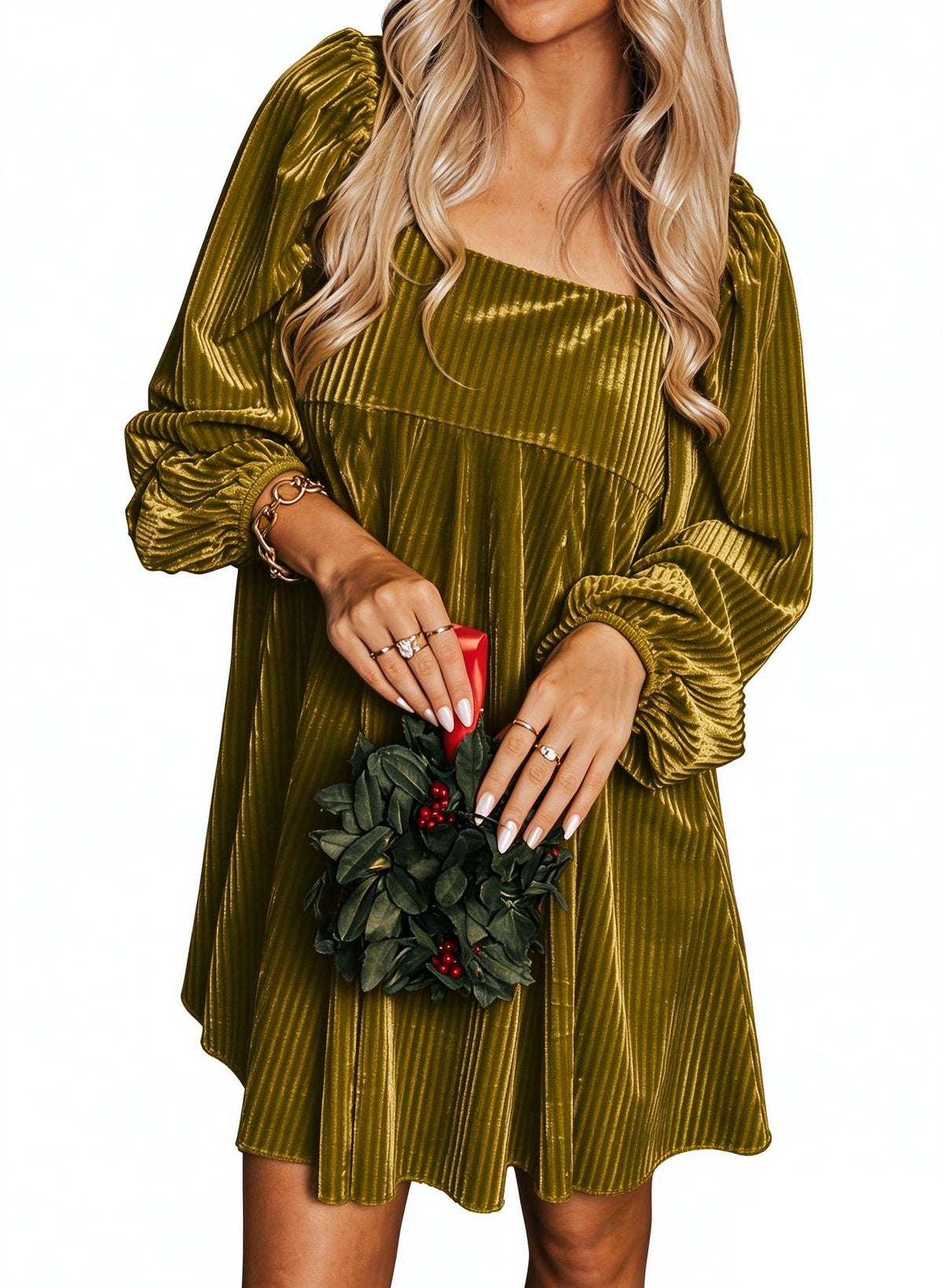 ⏰Hot Sale- Women's Tie Back Square Neck Velvet Babydoll Dress with Pockets