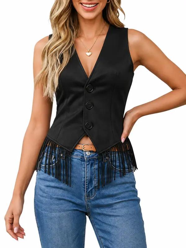 Women Western Fringe Hem V‑Neck Sleeveless Slim Vest