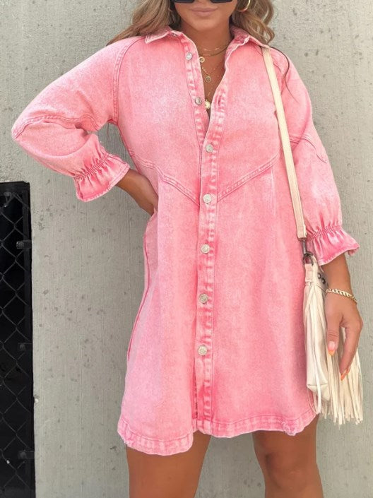 ⏰Hot Sale-Washed Denim Puff Sleeve Dress