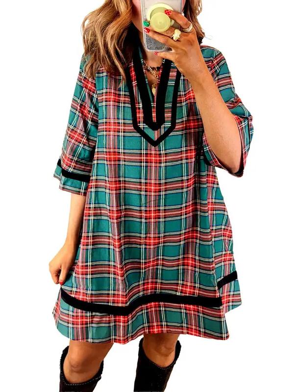 Women's Red Green Tartan Plaid Mini Dress