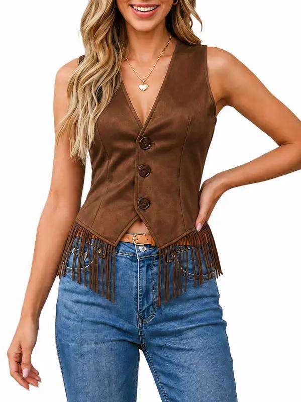 Women Western Fringe Hem V‑Neck Sleeveless Slim Vest
