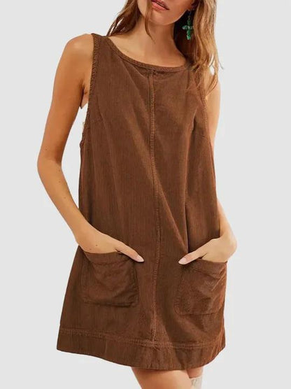 Hot Sale-Women's Round Neck Corduroy Overall Dress