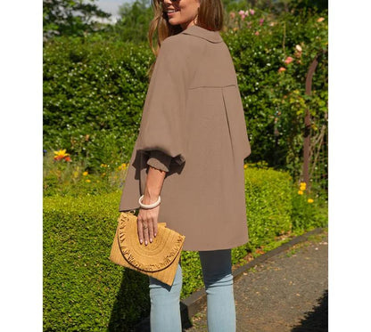 Women Loose Linen Blend Pocket Shirt with Smocked Elastic Cuffs