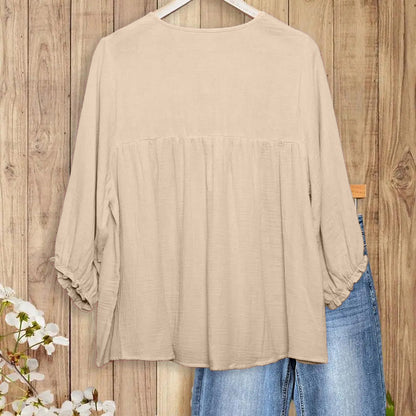 Women's 3/4 Puff Sleeve Blouse with Ruffled Cuffs & Pleated Details