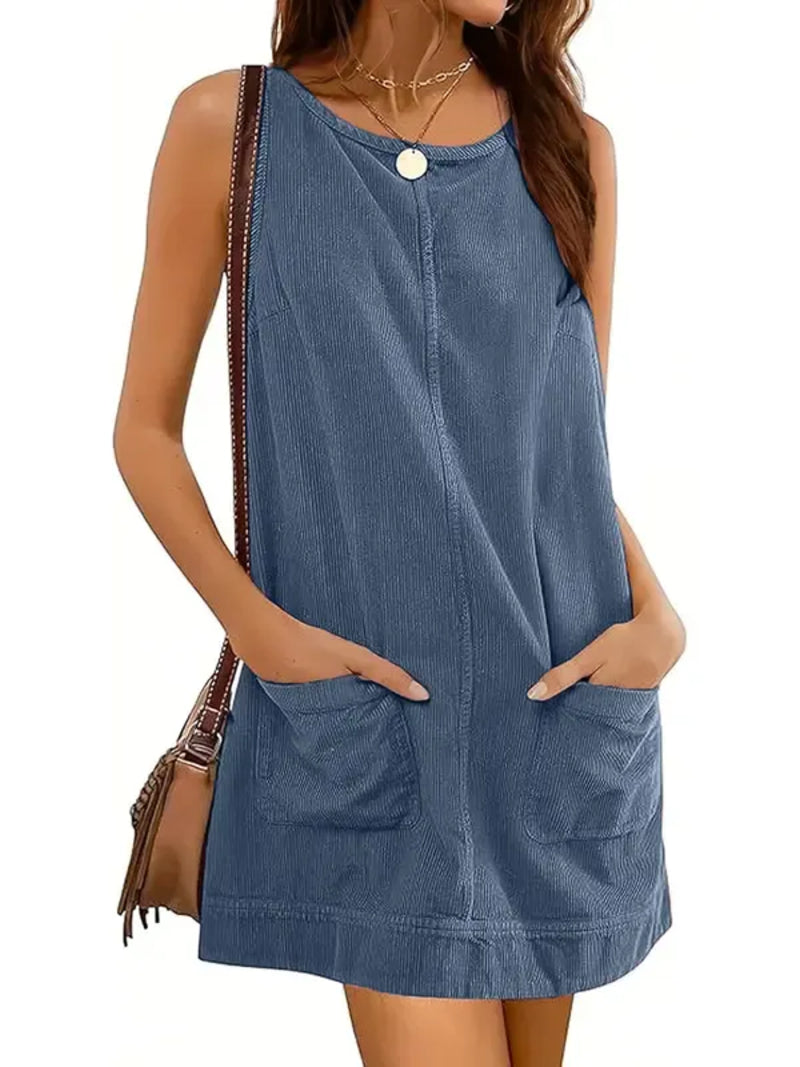 Hot Sale-Women's Round Neck Corduroy Overall Dress
