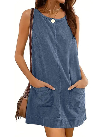 Hot Sale-Women's Round Neck Corduroy Overall Dress