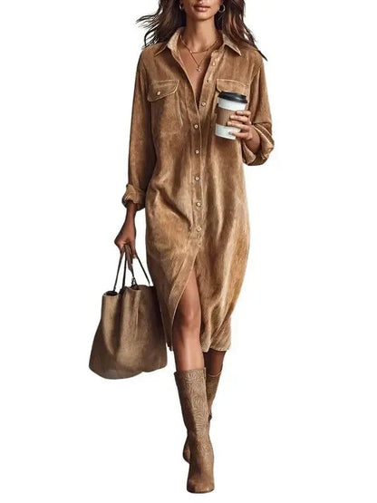 ⏰Hot Sale-Women’s Fall Lapel Corduroy Button Down Shirt Dress