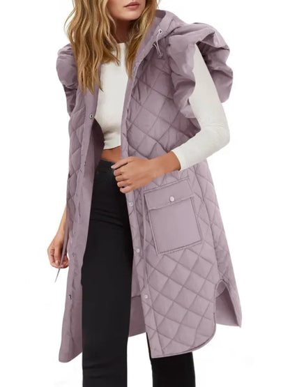Women Long Hooded Quilted Vest With Ruffle Shoulder