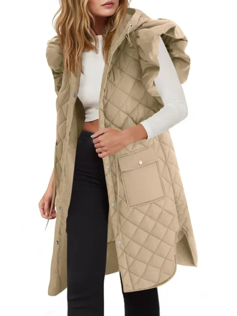 Women Long Hooded Quilted Vest With Ruffle Shoulder