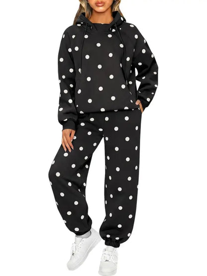 Women Casual Loose Fit Polka Dot Hooded Pullover And Jogger Pants Co‑Ord Set