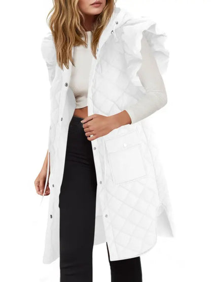 Women Long Hooded Quilted Vest With Ruffle Shoulder