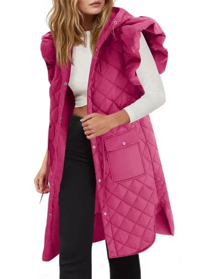 Women Long Hooded Quilted Vest With Ruffle Shoulder