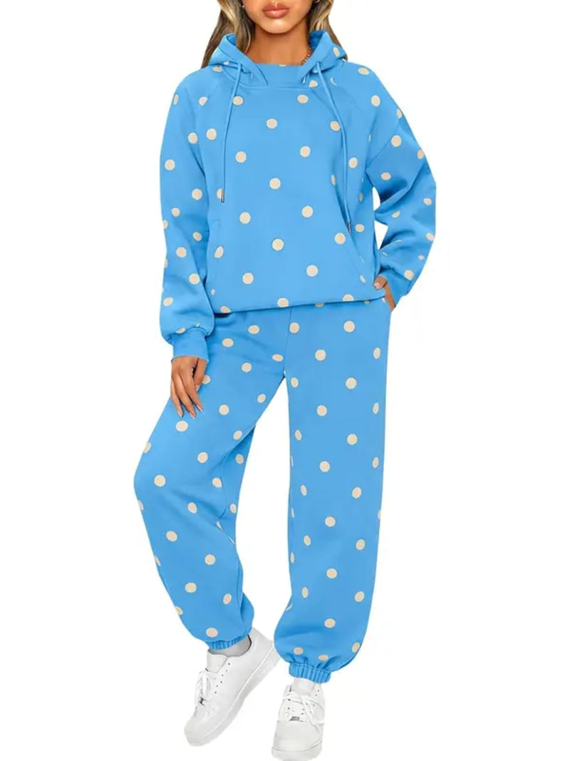 Women Casual Loose Fit Polka Dot Hooded Pullover And Jogger Pants Co‑Ord Set