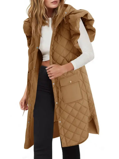 Women Long Hooded Quilted Vest With Ruffle Shoulder