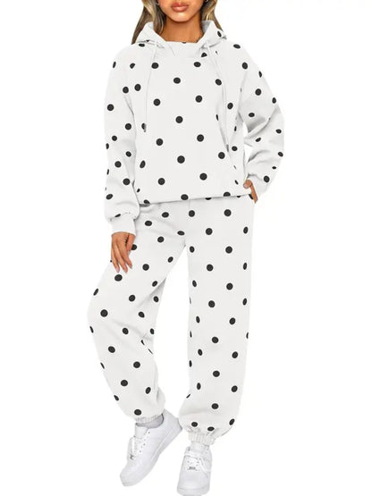 Women Casual Loose Fit Polka Dot Hooded Pullover And Jogger Pants Co‑Ord Set