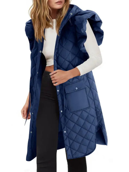 Women Long Hooded Quilted Vest With Ruffle Shoulder