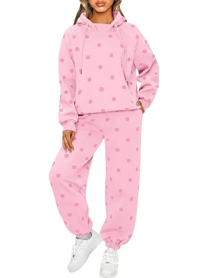 Women Casual Loose Fit Polka Dot Hooded Pullover And Jogger Pants Co‑Ord Set