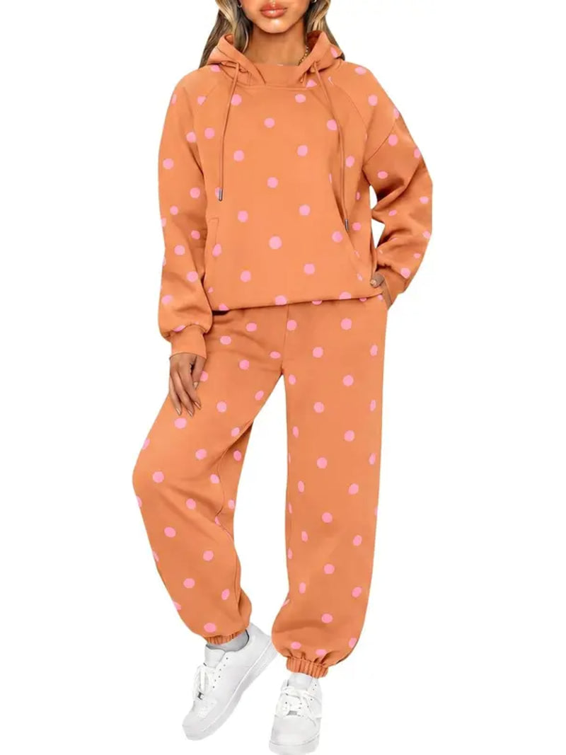 Women Casual Loose Fit Polka Dot Hooded Pullover And Jogger Pants Co‑Ord Set
