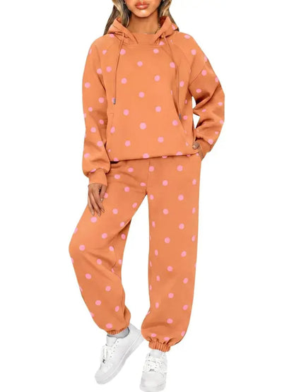 Women Casual Loose Fit Polka Dot Hooded Pullover And Jogger Pants Co‑Ord Set