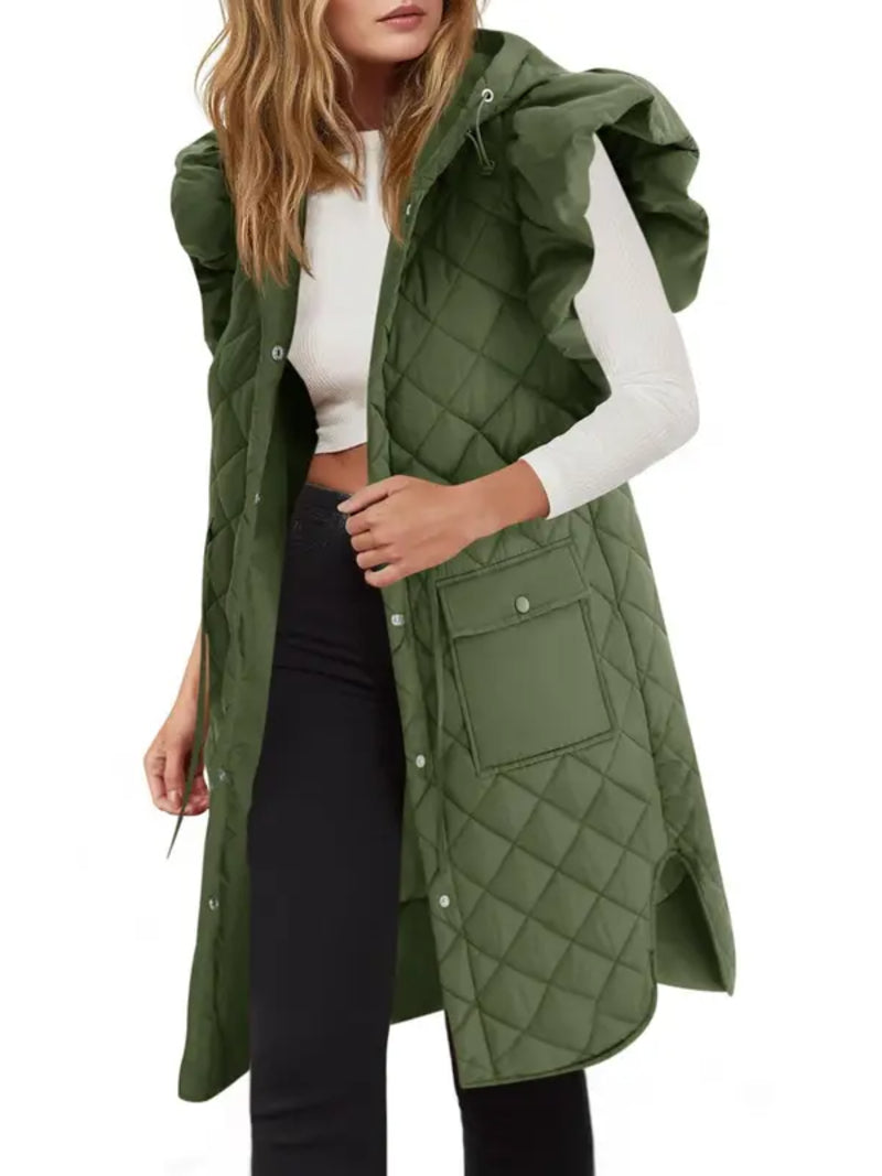 Women Long Hooded Quilted Vest With Ruffle Shoulder
