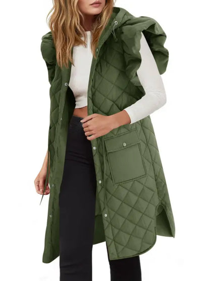 Women Long Hooded Quilted Vest With Ruffle Shoulder