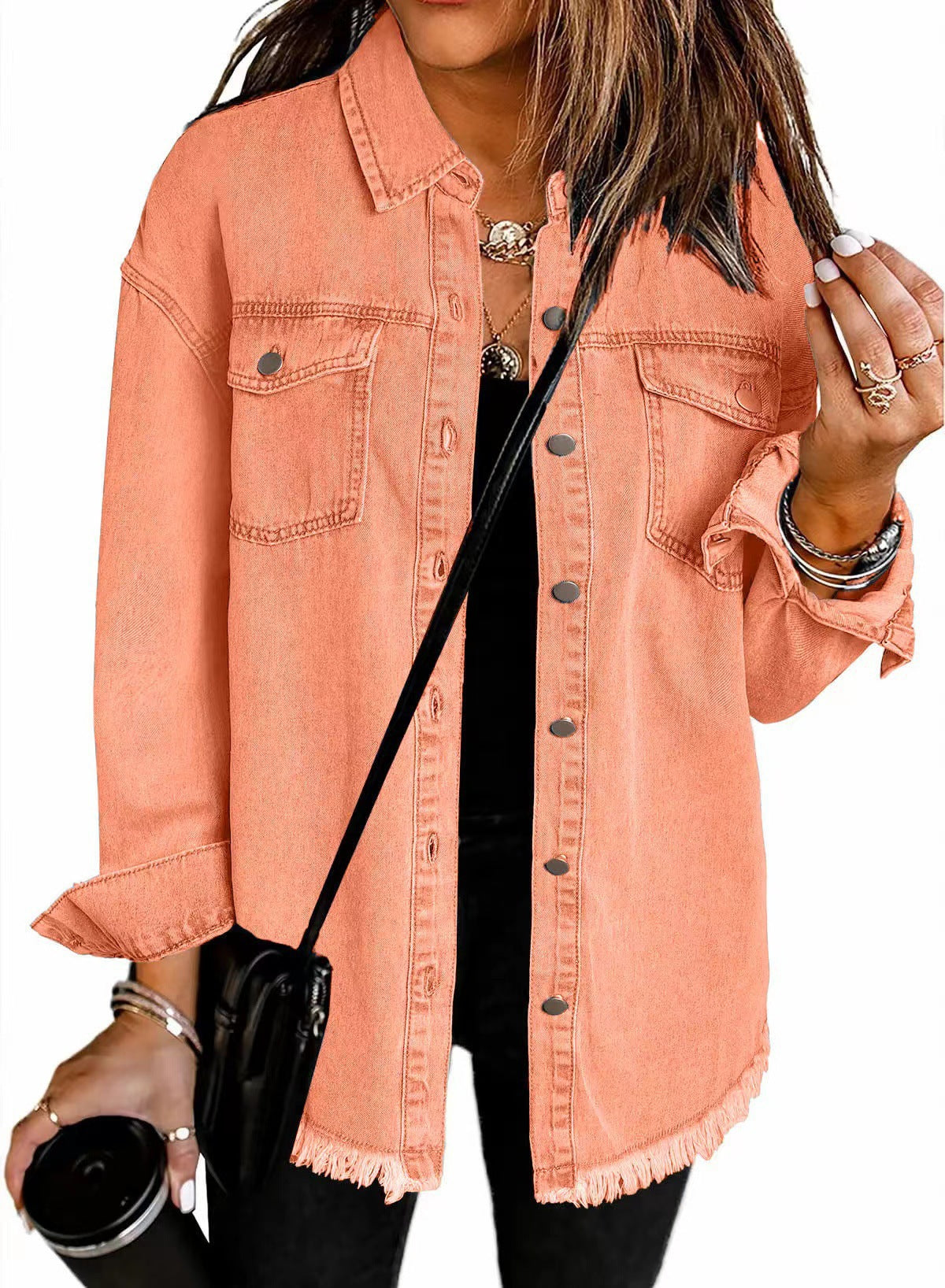 Hot Sale-Women Oversized Washed Denim Shacket with Frayed Hem