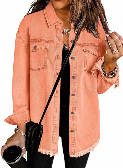 Hot Sale-Women Oversized Washed Denim Shacket with Frayed Hem