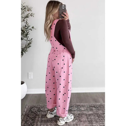 Women Loose Wide Leg Polka Dot Denim Overalls With Pockets