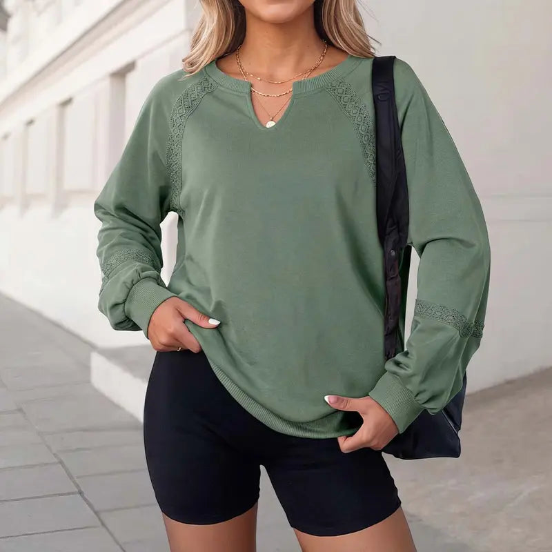 Notch V-Neck Lace Spliced Long Sleeve Sweatshirt