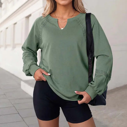 Notch V-Neck Lace Spliced Long Sleeve Sweatshirt