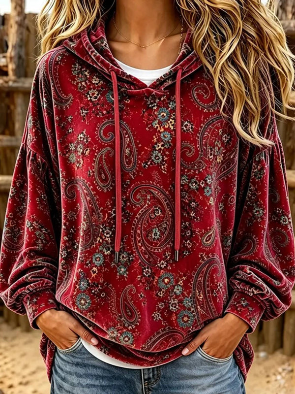 Vintage Paisley Print Velvet Hoodie Top
