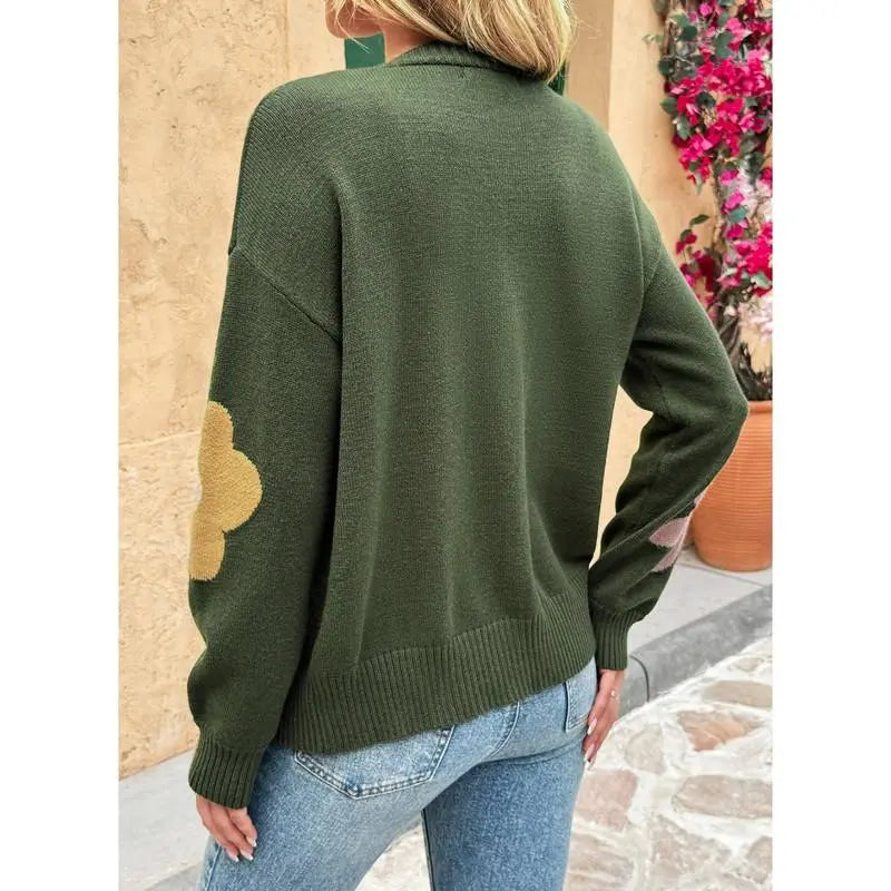 V-Neck Floral Pattern Button Knit Cardigan