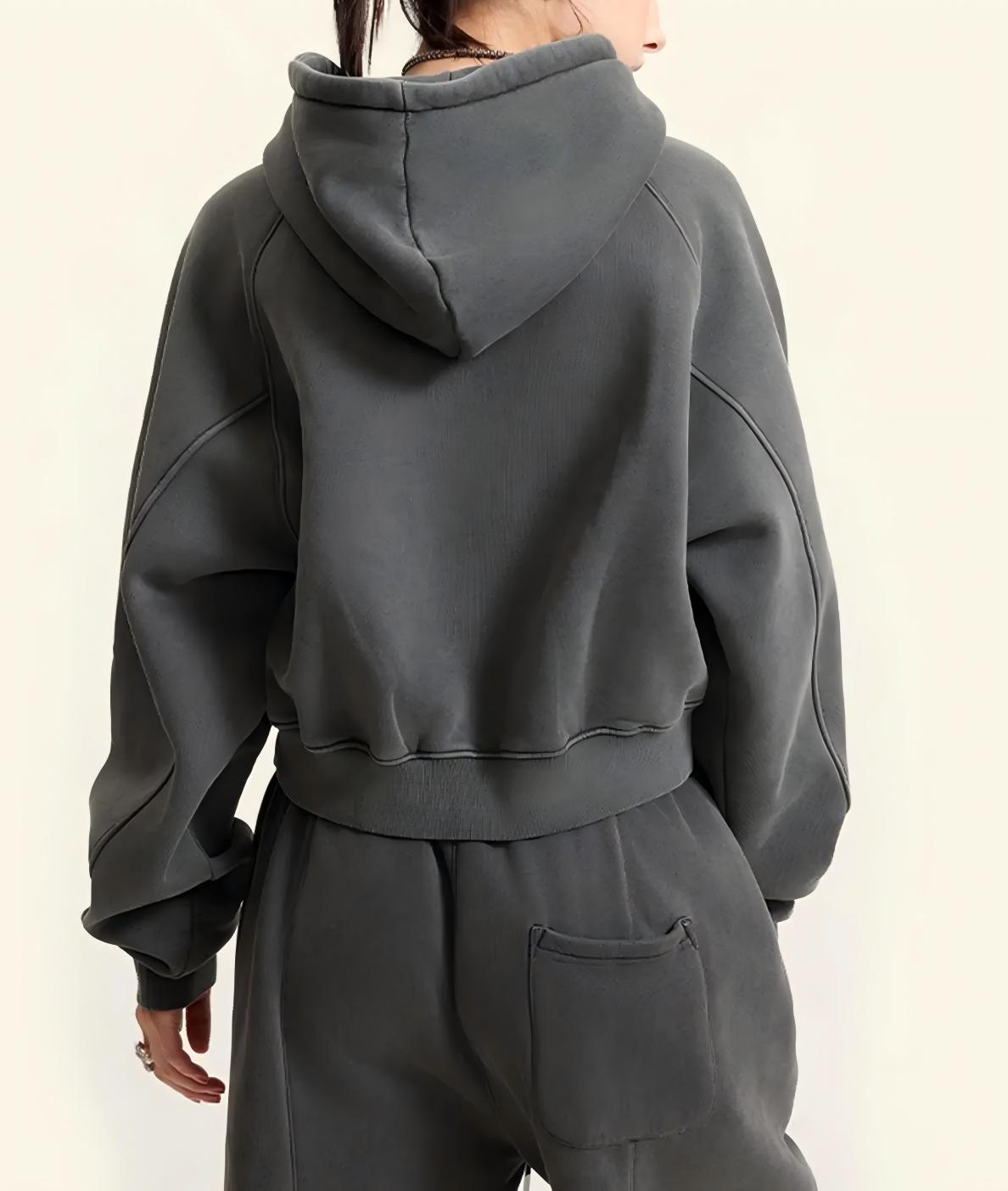 Retro Washed Drawstring Cropped Hooded Sweatshirt